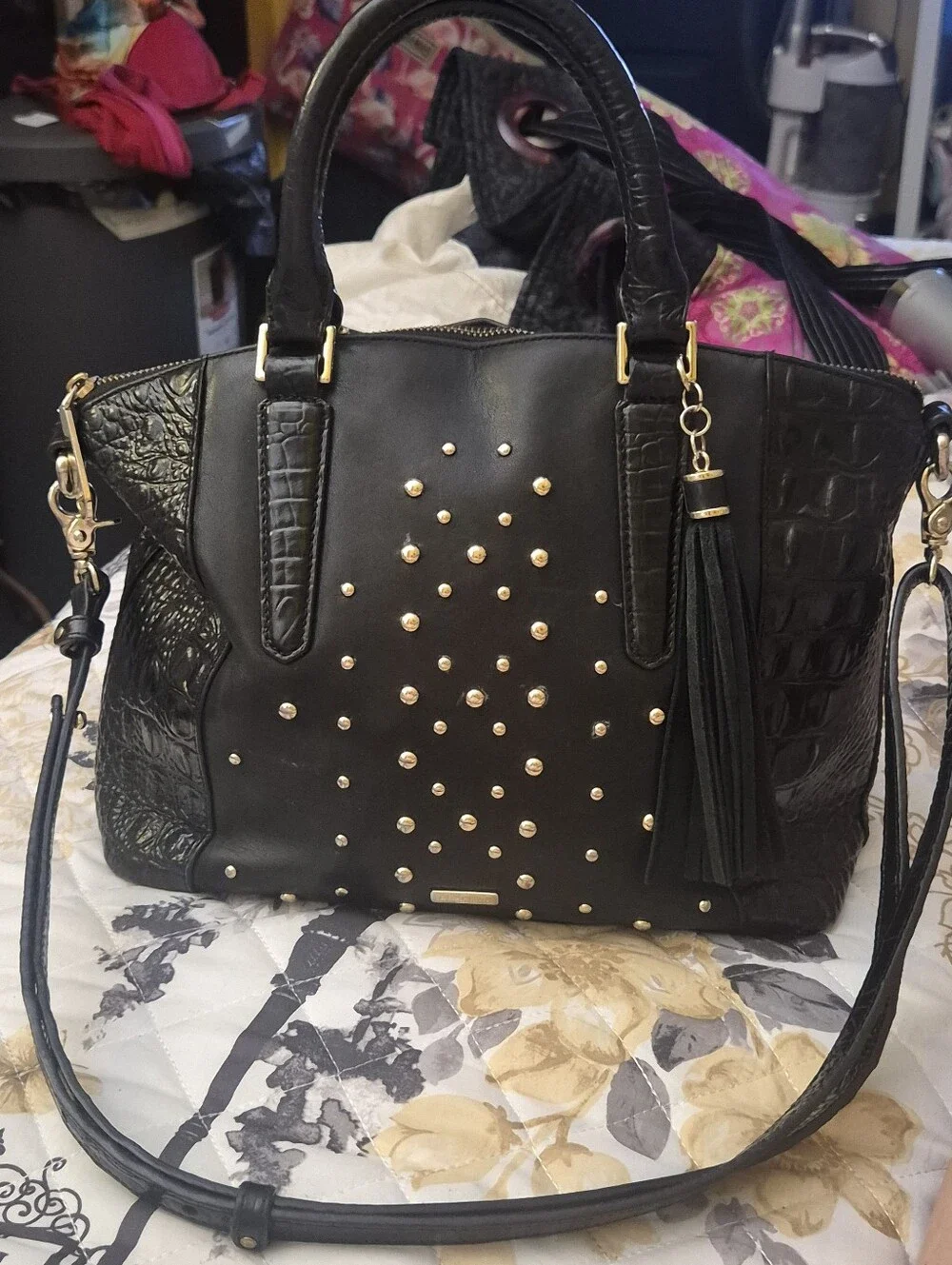 Brahmin Duxbury Nara Satchel Black With Gold Studs